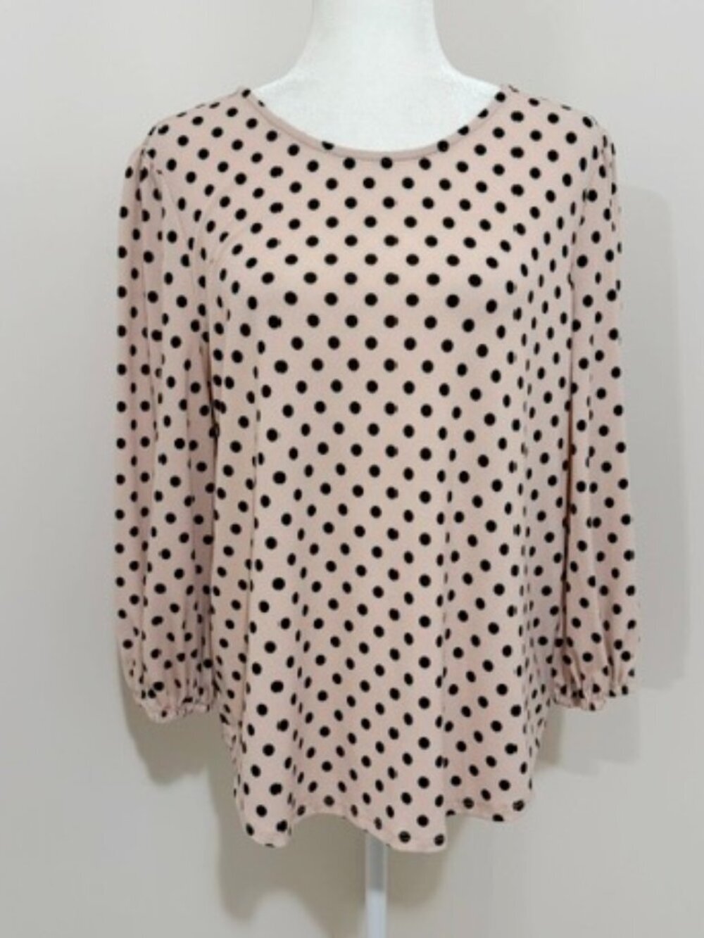 Adrianna Papell Dusty Pink & Black Polka Dot Blouse Top 3/4 Sleeves Size L
